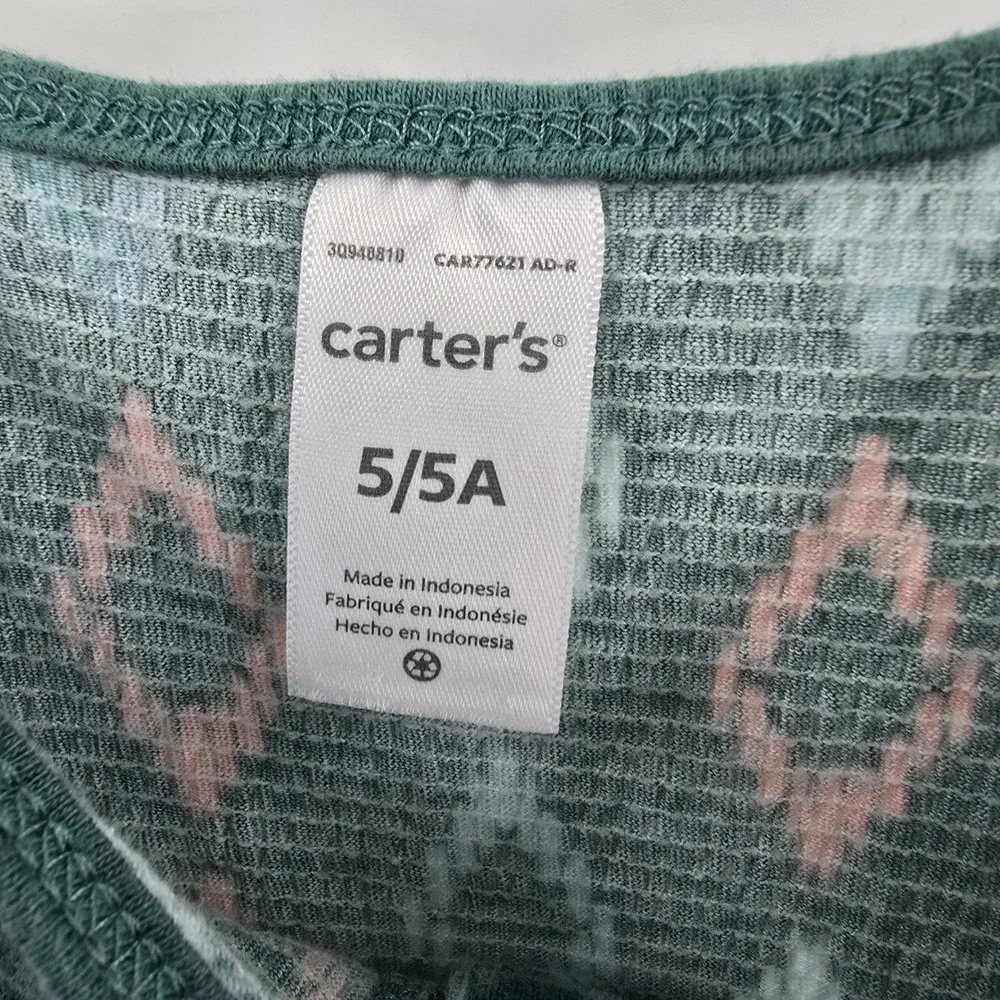 Carters Girls Romper Set 2pc Green Ikat Diamond Floral Pink Cream Size 5 5A
